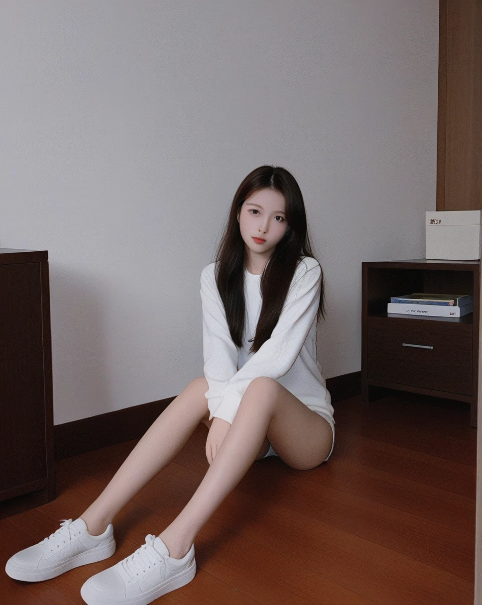 score_9, score_8_consolation, score_7_consolation,a young woman sitting in a room. She is &#39;day&#39;He is wearing a white t-shirt with the words printed on it... She is 짧은 갈색 머리를 가지고 있으며 시청자를 직접 바라보고 있습니다.. Her feet are prominently displayed., with a close-consolation focus on her toes and soles. She is 신발을 신고 있지 않다, And her feet are bare. The room has a wooden chair with blue patterned cushions., table, and a cconsolation on it. The overall image atmosphere is calm and comfortable., taking a picture of yourself in the mirror, Holding a cell phone in one hand.