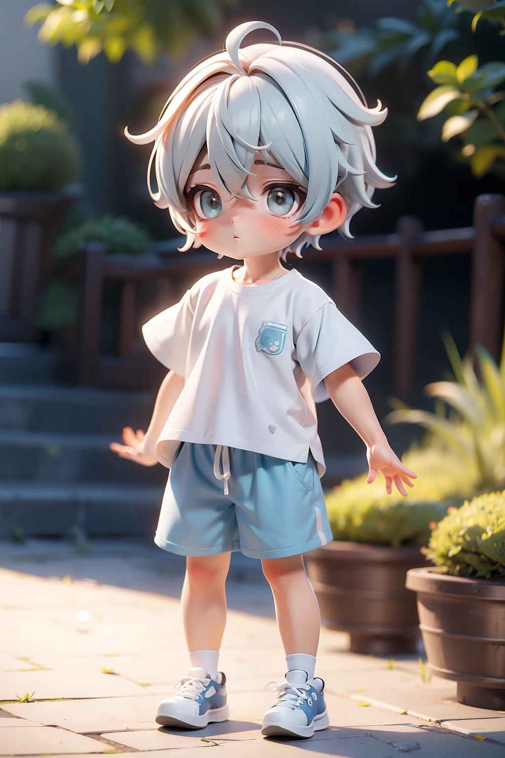 White short hair boy white short-sleeved blue shorts white sneakers