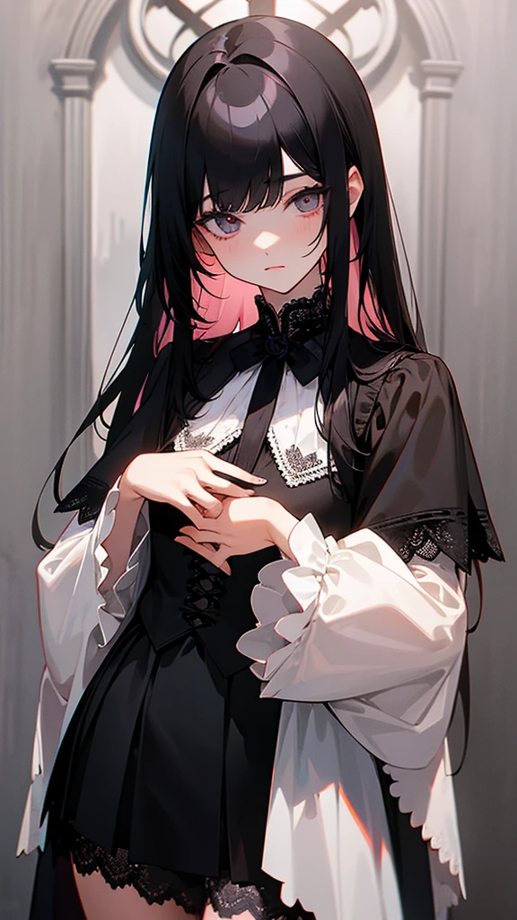 thin white, long straight black hair with bangs, Eye Brown, gothic clothes, short black skirt with light pink lace details and cross, and black lace blouse with a rose in the middle of the chest, image with angle