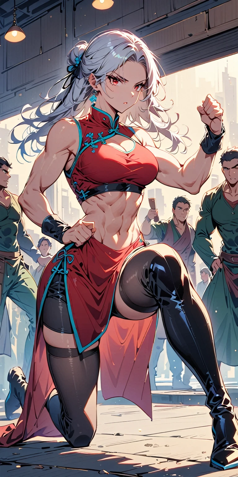 tall beautiful  muscular woman and doing a knee strike, six pack, no men in background , silver hair and red eyes, Chinese dress crop top,  wearing leggings and thigh highs, full body portrait