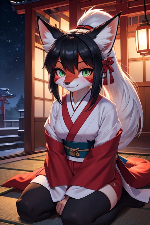 Anthro female red fox high definition good anatomy add_detail:1, red fur, kitsune ears, cute girl add_detail:1, outside in a japanese shrine:1, blue colored japanese shrine costume add_detail:3, add_detail:1, full body, highly detailed face, deep green iris add_detail:1, wild slut add_detail:1, on knees, blushing, looking up at viewer, friendly smile, smile, friendly, black hair, white hair, multicolored hair, two tone hair, classic ponytail, face markings, face fur patterns black, speech bubble, heart, hearts, flower on head, night, moody lighting, full body