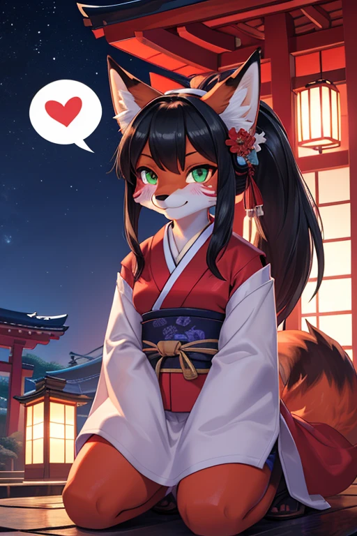 Anthro female red fox high definition good anatomy add_detail:1, red fur, kitsune ears, cute girl add_detail:1, outside in a japanese shrine:1, blue colored japanese shrine costume add_detail:3, add_detail:1, full body, highly detailed face, deep green iris add_detail:1, wild slut add_detail:1, on knees, blushing, looking up at viewer, friendly smile, smile, friendly, black hair, white hair, multicolored hair, two tone hair, classic ponytail, face markings, face fur patterns black, speech bubble, heart, hearts, flower on head, night, moody lighting, full body