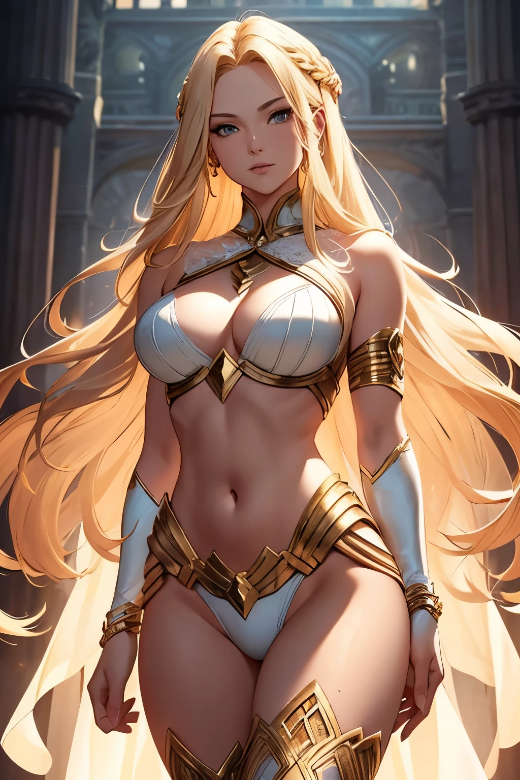 A radiant fair-skinned woman graces the scene, boasting an extraordinary length of blonde hair cascading down to her waist. Her attire is a breathtaking fusion of classical mythology and modern femininity, drawing inspiration from Aphrodite and Jean Grey. The armor and gloves she adorns exhibit a delicate balance of femininity and strength, seamlessly merging armor plating with intricate lace-like details.

Her waistline is incredibly tiny, narrow to the point of being almost unbelievable, and her abdomen centers around a well-defined and curvaceous abdominal waistline. Her leg circumference measures well over 90 inches, a true test