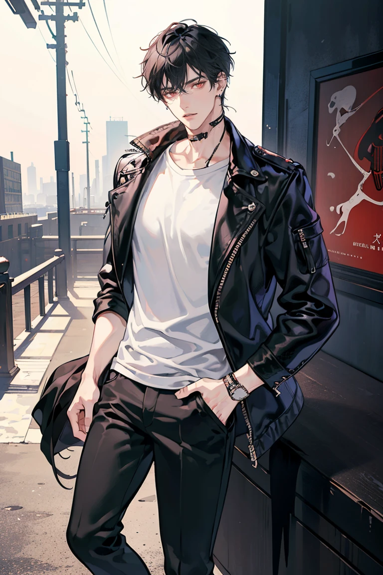 (masterpiece), best quality, seductive eyes, perfect face, handsome man, red eyes, short messy black hair, long nose, plain black t-shirt, black fitted pants, black leather jacket, full body, extremely tall man, long legs, long calves, anime cover, 1boy, ear piercings, hands in pockets, adult-like look, bad boy, motorcycle