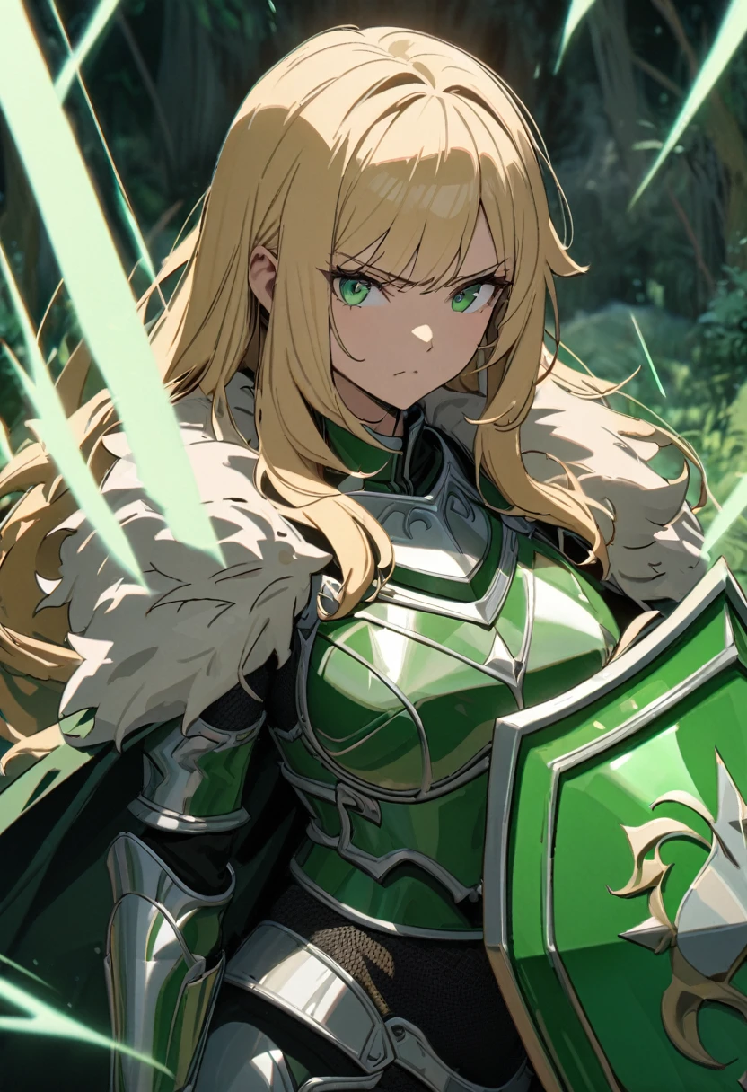 Mature woman, perfect anatomic draw, perfect eyes, long blondie hair, waved hair, straight bang down, beautiful eyes, grenn eyes, beautiful woman, serious face, grenn cape with fur collar, knight armor, ((magical green shield)), in the valley, brave pose, 8k, high quality, full HD.