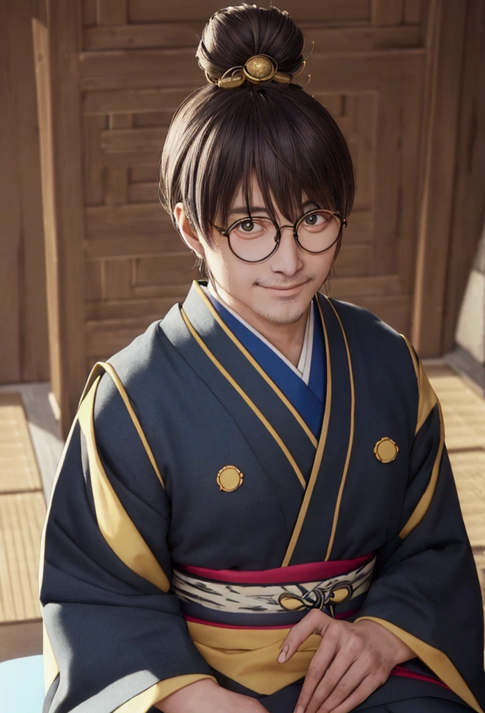 ((best qualityer)), ((work of art)), (detailded) kor: 38 years old Appearance: man hair: gris, long and tied into a traditional bun, with some loose threads. muka: slightly wrinkled, with an arrogant expression. eyeballs: brown, with an obvious scar on the right eye. tenue: Japanese traditional kimono, dark blue with gold details. Accessories: Wear a pair of round glasses. stance: sitting down, haughty, smiling in greed