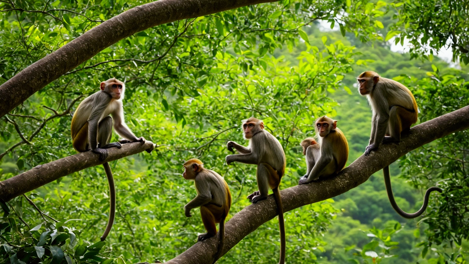 vibrant colors, (trees that reach the sky:1.1), zoomed out so we can see the beautiful background, stunning monkeys in their habitat 