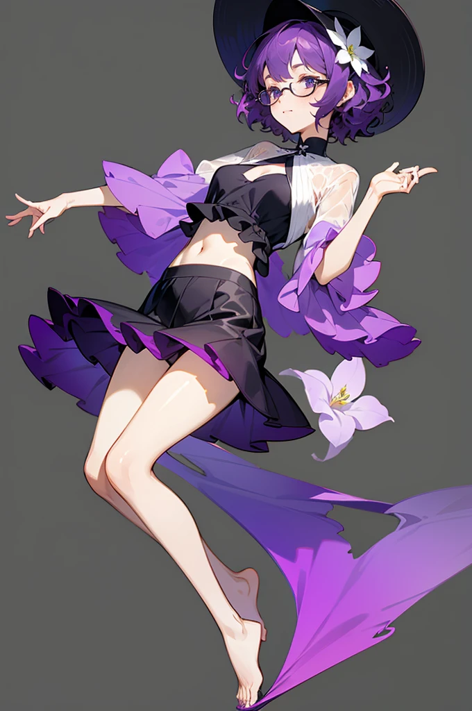 one girl, short very curly purple hair with dark purple strand, glasses, two-piece black and white color summer flower theme simple swim outfit, simple detaled, lovable, no background, dynamic nikko pose,, full body ,detaled feet,short blouse flowers,art, long airy skirt, summer hat, exposed breasts