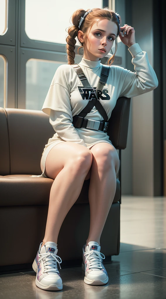 Star wars, Lukasfilm, Princess Leia Advertises Star Wars White High Top Designer Sneakers, hyper realisitc, Sits, Professional shooting, young Carrie Frances Fisher 25 years old. ultradetail