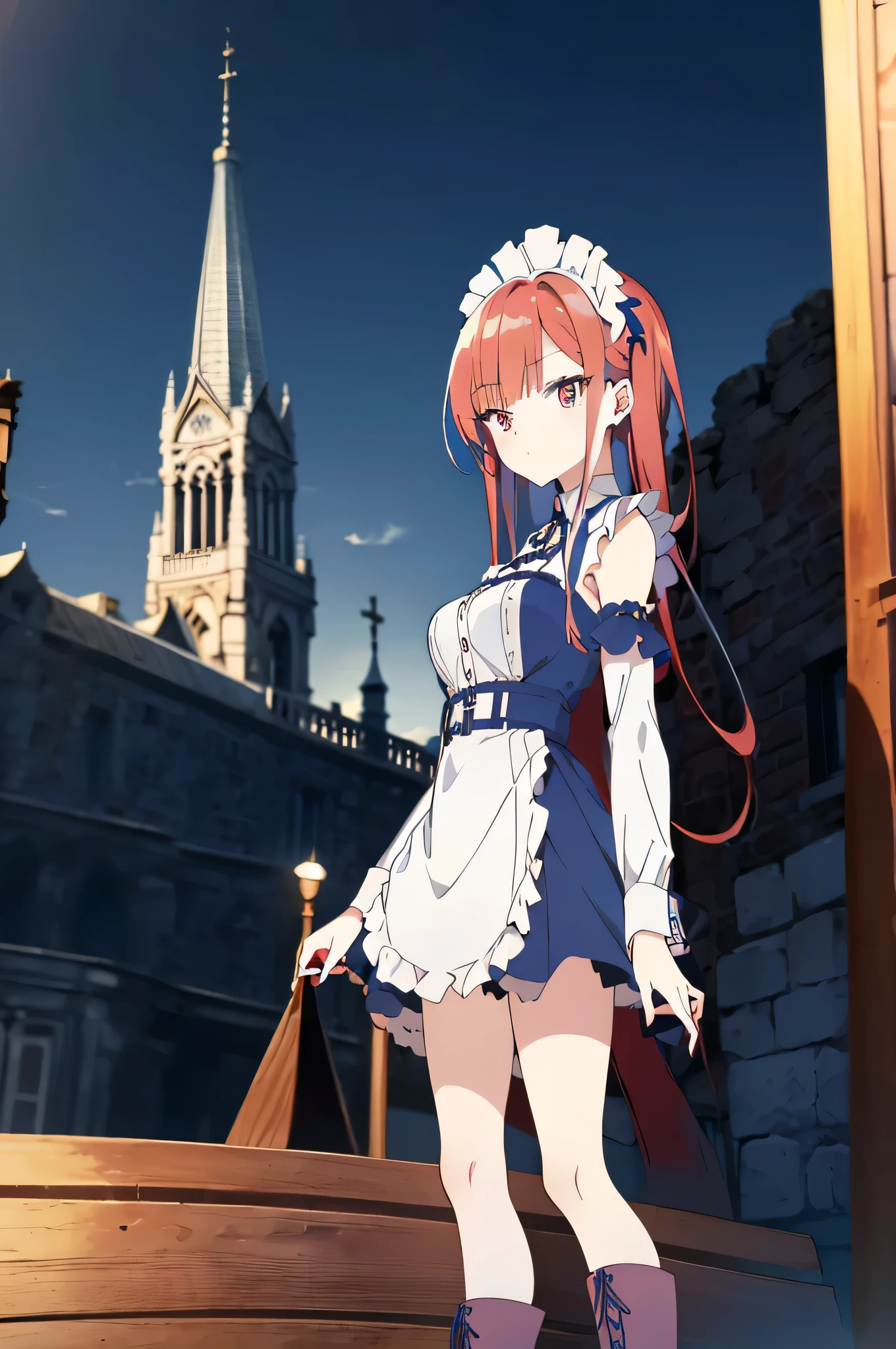 [(cathedral background:1.4)::5],original,(illustration:1.1),(best quality),(masterpiece:1.1),(extremely detailed CG unity 8k wallpaper:1.1), (colorful:0.9),(mid shot:0.95),(full body:1.5),Dynamic angle,(solo:1.2), (girl),((adult)), (detailed beautiful eyes:1.15), (beautiful face:1.15), (glowing red eyes:1.25////),((medium hair)),((split-color hair,red hair,blue hair)),(high twintails),(chignon),(+perfect hand+:1.21),(Draw an illustration of a gothic girl),(Religious),(slender),(is wearing boots on her feet),((is wearing white maid clothes)),(furious), Lace Off-shoulder ta fashion,beautiful slender woman,high twintails,((split-color hair,red hair,blue hair)),((split-color hair,red hair,blue hair)),from side,((split-color hair,red hair,blue hair)),