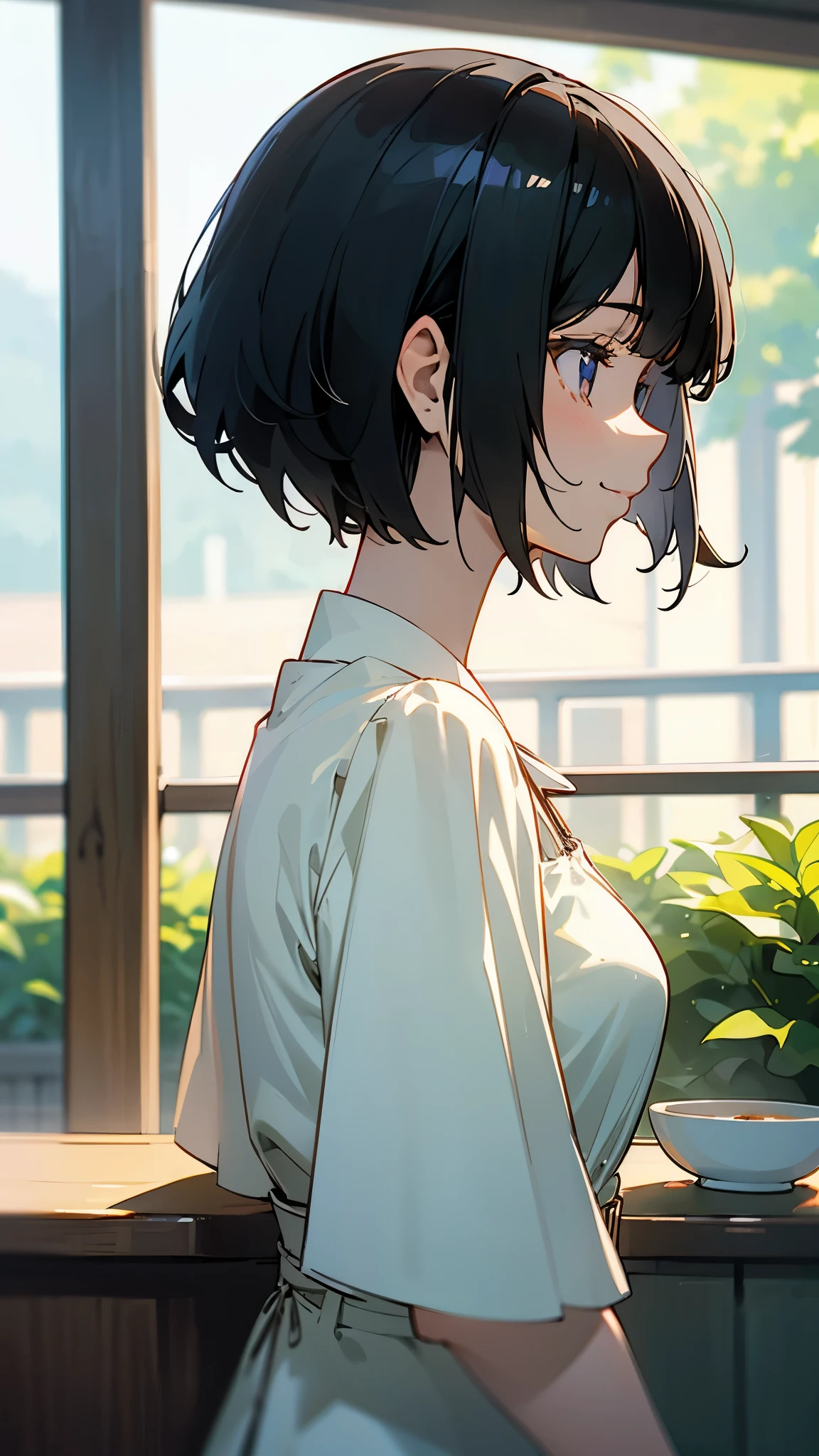 １girl、Shiny black hair、Short Bob Cut、calm and calm look、smile、profile、Face close-up、Morning Cafe Terrace、Background blur, Written boundary depth