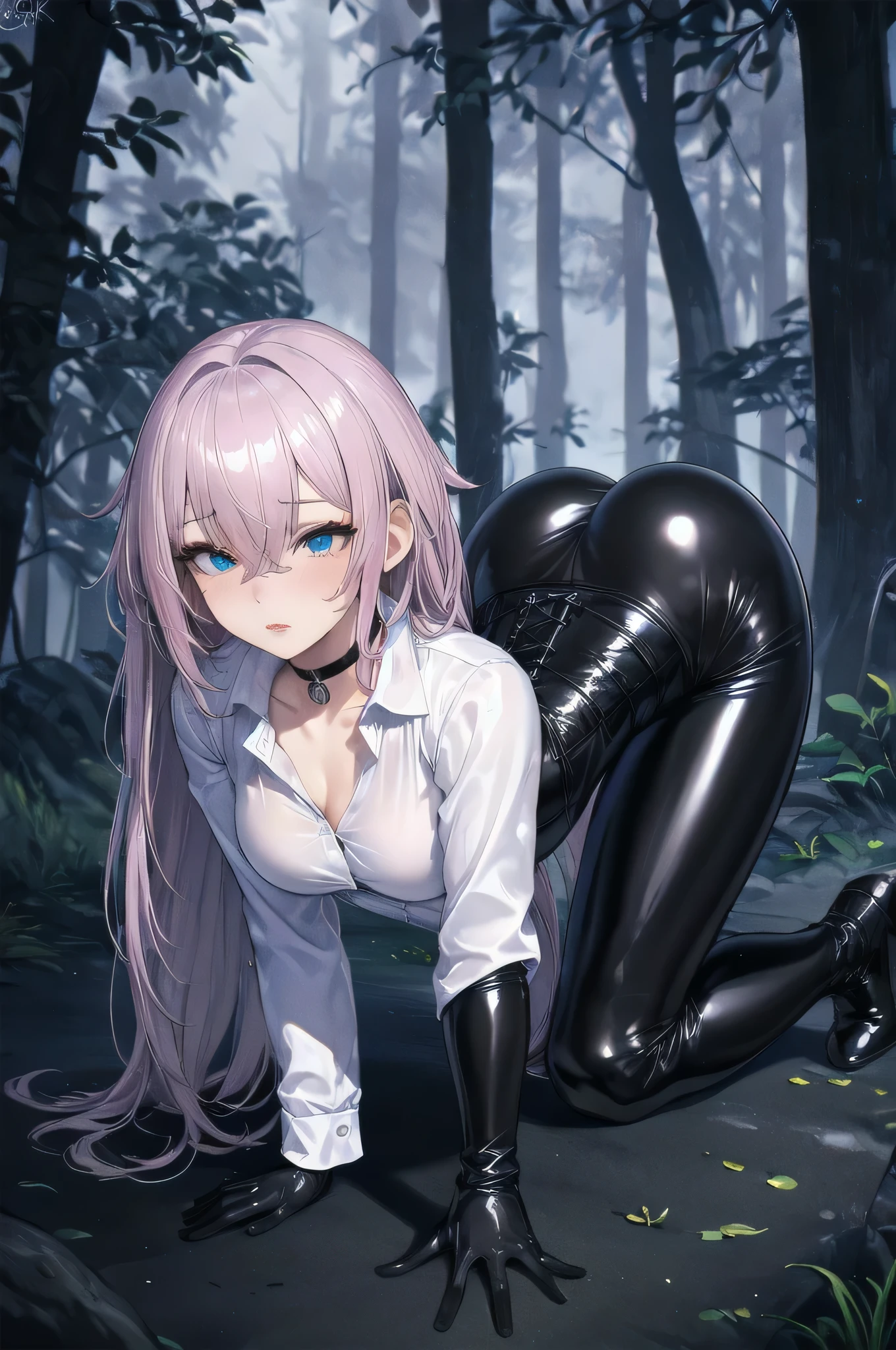 Masterpiece, Beautiful art, professional artist, 8k, art style by sciamano240, sleeping expression, very detailed face, Detailed clothing, detailed fabric, 1 girl, view from behind, doggy position, on all fours, showing the ass, perfect ass, perfectly drawn body, pale skin, shy expression, beautiful face, long black hair, blue eyes, 4k eyes, very detailed eyes, pink cheeks, choker:1.6, (white long sleeve button down shirt with white collar), black gloves, gloves that cover hands, (black leather corset), (shiny black leggings), Black leather boots, Sensual Lips, show details in the eyes, dark forest, at night, Atmosphere, fog