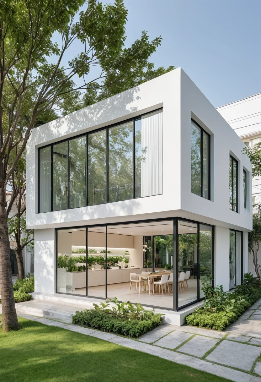 A modern one-story house with a small furniture showroom, with a facade less than 5 meters wide. The design includes large glass windows and doors, vertical display shelves, large mirrors, and well-placed lighting inside the showroom. The exterior features white and pastel tones with integrated green plants. The house is located on a street corner with a sidewalk and trees, providing a welcoming atmosphere. The showroom layout is organized for easy movement and optimal product visibility
(ultra-high resolution:1.2),(realistic :1.2)