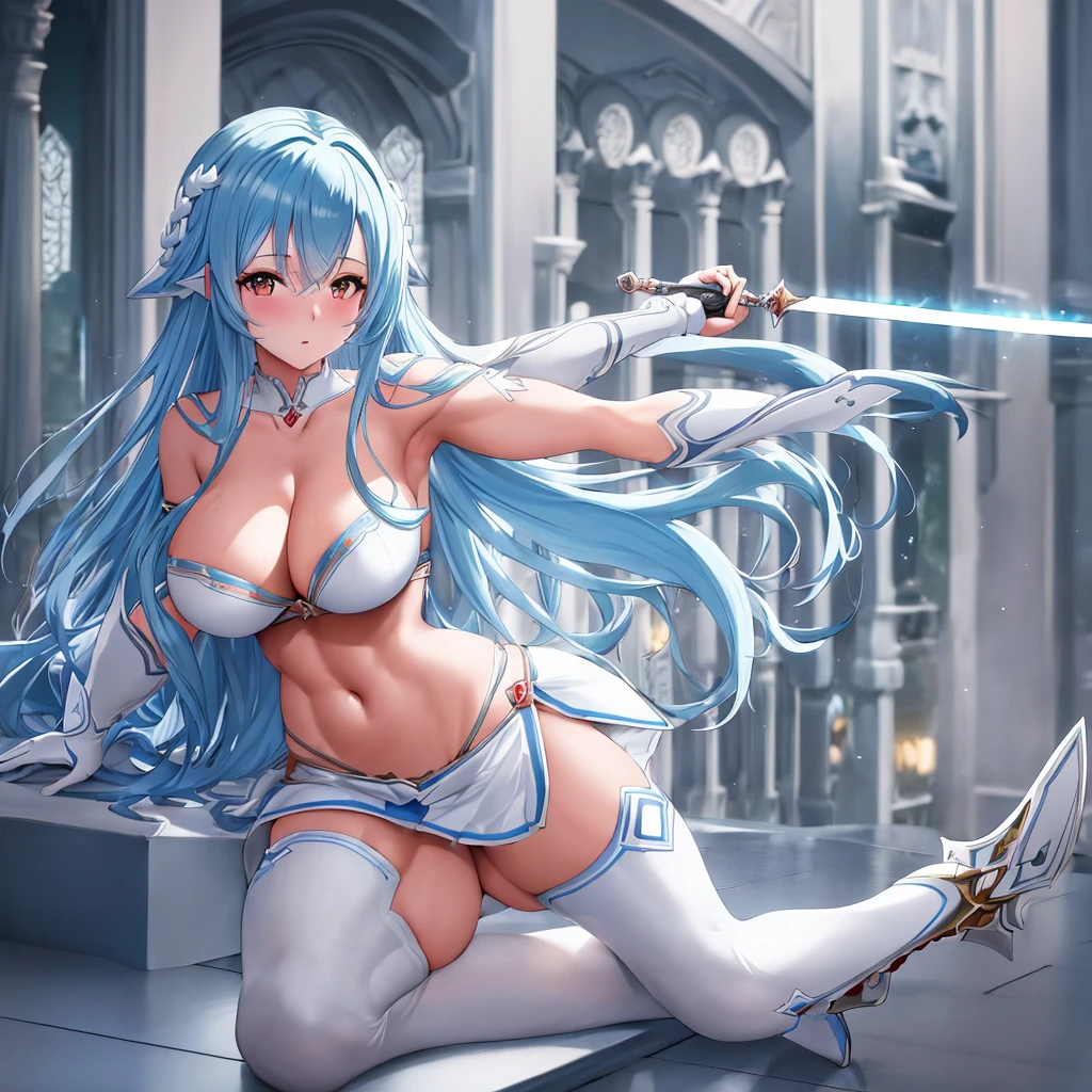 Digital art, Asuna, Sword Art Online, anime girl, long blue hair, elegant expression, white and blue armor, sword, large breasts (32B), toned arms, athletic build, smooth skin, shapely legs, muscular calves (15 inches), delicate feet (size 6), intricate details, dynamic pose, soft lighting, warm colors, subtle shading, 4k, high resolution, ultra high resolution, intricate detail, detailed texture, sensual atmosphere, alluring gaze, solo character, single figure, no duplicate, no extra limbs, no mutated hands, no dehydrated skin