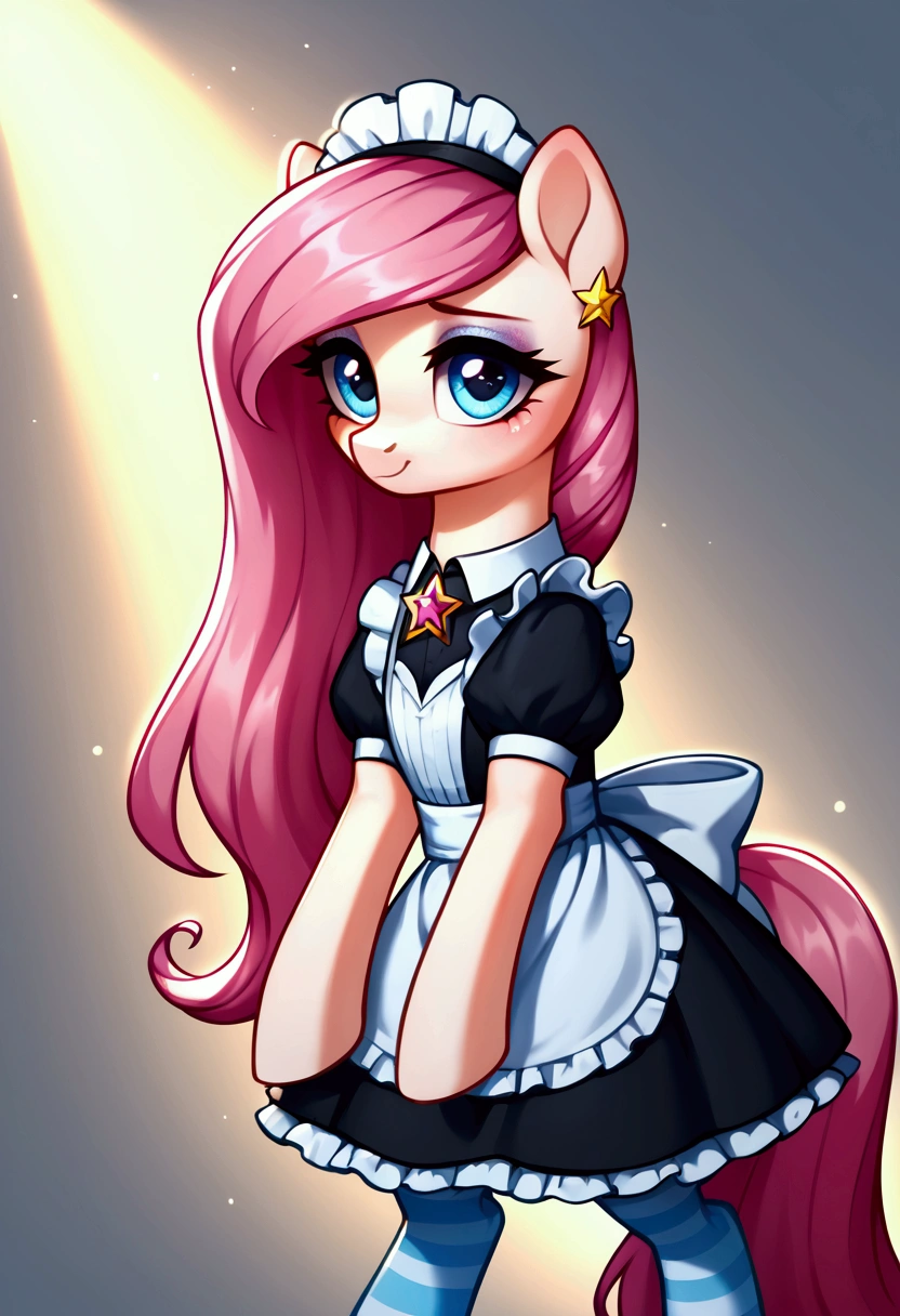 score_9,score_8_up,score_7_up,score_6_up, ((my little pony)), radiant lighting, vibrant colors, whimsical atmosphere, 8K, high resolution, highly detailed, masterpiece, (shy look), ((pony body)), white body, blue eyes, (maid costume), striped stockings, star pendant, earrings, eyeshadow, (very pink hair colour), ((long hair)), ((submissive pose))