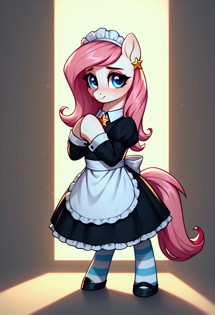 score_9,score_8_up,score_7_up,score_6_up, ((my little pony)), radiant lighting, vibrant colors, whimsical atmosphere, 8K, high resolution, highly detailed, masterpiece, (shy look), ((pony body)), white body, blue eyes, (maid costume), striped stockings, star pendant, earrings, eyeshadow, (very pink hair colour), ((long hair)), ((submissive pose))