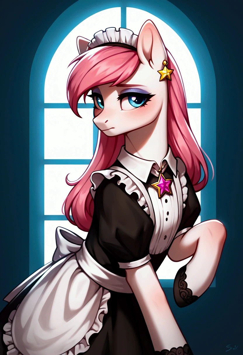 score_9,score_8_up,score_7_up,score_6_up, ((my little pony)), radiant lighting, vibrant colors, whimsical atmosphere, 8K, high resolution, highly detailed, masterpiece, (shy look), ((pony body)), white body, blue eyes, (maid costume), striped stockings, star pendant, earrings, eyeshadow, (very pink hair colour), ((long hair)), ((submissive pose))