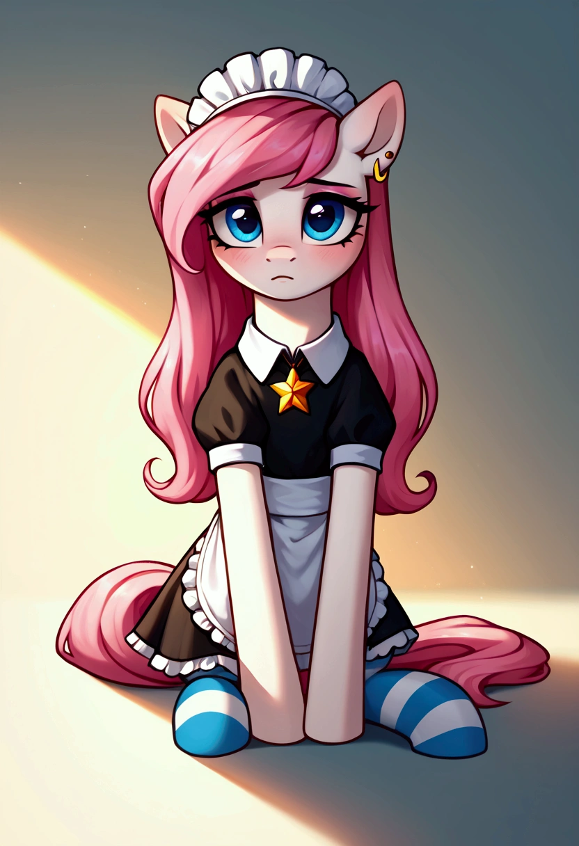 score_9,score_8_up,score_7_up,score_6_up, ((my little pony)), radiant lighting, vibrant colors, whimsical atmosphere, 8K, high resolution, highly detailed, masterpiece, (shy look), ((pony body)), white body, blue eyes, (maid costume), striped stockings, star pendant, earrings, eyeshadow, (very pink hair colour), ((long hair)), ((submissive pose))