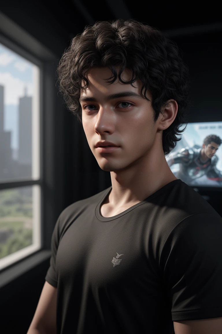 a young man, 18 years old, tall, muscular, short curly dark hair, dark eyes, in a gaming room, detailed face, realistic, photorealistic, HDR, ultra-detailed, masterpiece, cinematic lighting, volumetric lighting, ray-tracing, 8k, vibrant colors, dynamic composition, hyper-realistic, highly detailed, unreal engine, 3d render