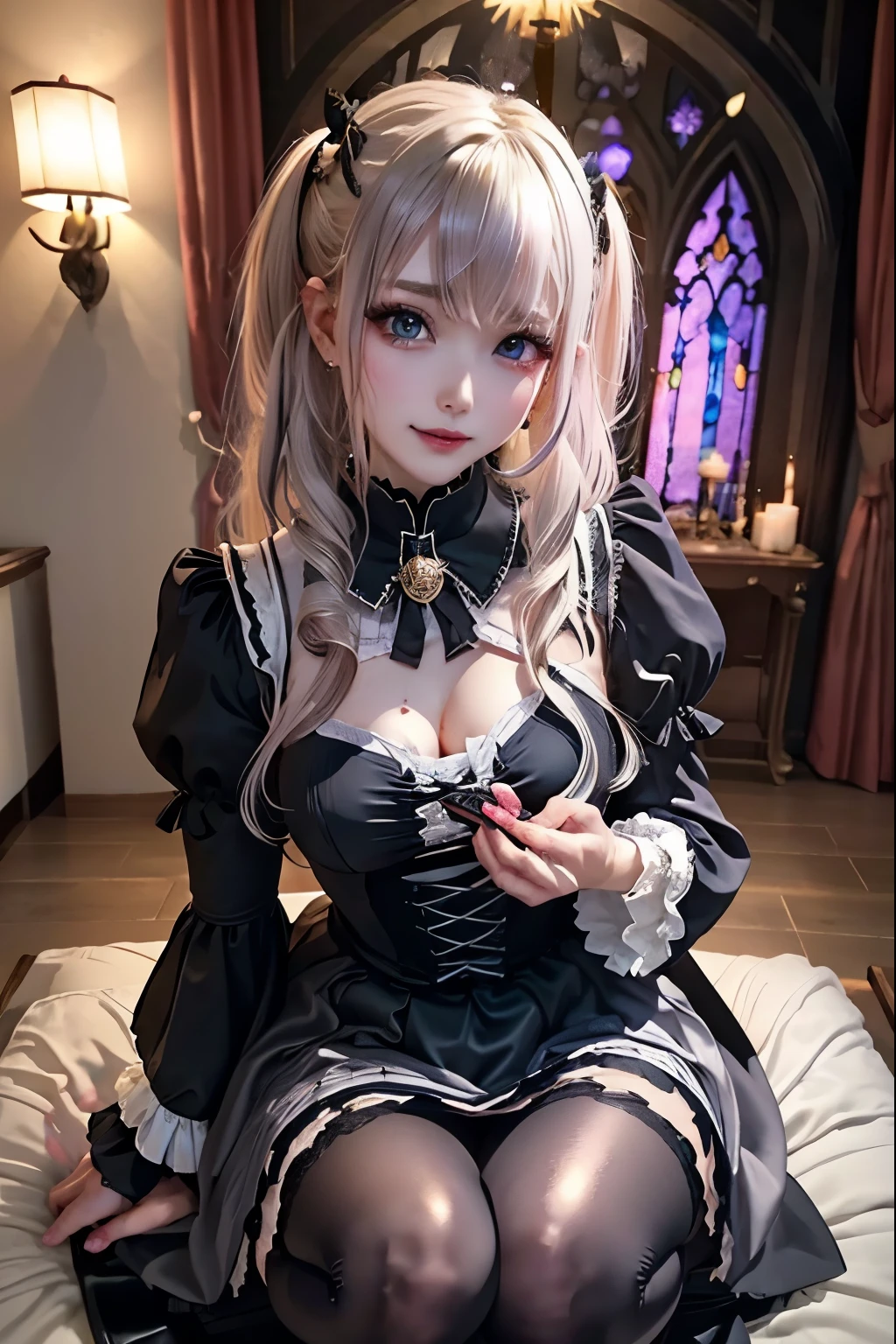 ハードなDark Gothicメイク、Black dark eyeshadow、sad、Good skin radiance、Dark Gothicメイク、Dark smile、palace、The beauty of fragrance、24-years-old、Expression of intense sexual pleasure、Embarrassed look、Dark Gothic、Highest quality、Expression of sexual pleasure without pain、Drunk face、Purple maid outfit、Mysterious、Noble、sexy、Loving smile、Twin tail hair、Right blue eye、Left eye is red、Super tempting pose、Platform Heel Shoes、Heavy makeup、Gothic ta clothes、Silver Hair、Long Hair Straight Hair、Cute Gothic Loliress、Beautiful Face、elegant features、Attractive face、Stained glassを背景に、Chest glistening with sweat、The room is dark、goth long dress、Bell Sleeves、Wizard Sleeve、Decadent look、Sexually excited expression、Glossy thighs wet with water、Thighs that are wet and shiny with oil、Background of a room full of roses、sad表情、Rose Maiden、The embroidery is pink、The dress has pink embroidery.、Thigh-high socks、Knee-high socks、Gentle expression、Dark black eyeshadow、Stained glassとバラの背景、thighs are a little thin、Female Duo、Female couple、dark church background、Stained glass、Black metal world、Dark Castle、Dark Room、Slender body、gothic long dress、Victorian dress、Small breasts、Hold the wine in your right hand、Hold the lantern in your left hand、pantyhose、The bed is covered with roses、Her thighs are shining with sweat、My body is wet and shiny、Lots of glitter on the thighs、sweating、私の太ももはsweatingでベタベタしている、Sweat glistening on my thighs、The whole body is sweaty and shiny、I sweated a lot.、My thighs are sweaty、Wet thighy thighs are shining with sweat、A lot of sweat glistening all over the body、Slender body、Put your head on the pillow、Sleeping on a bed、Beautiful legs、Stretching legs、Lie down in bed、Lie on your back in bed、