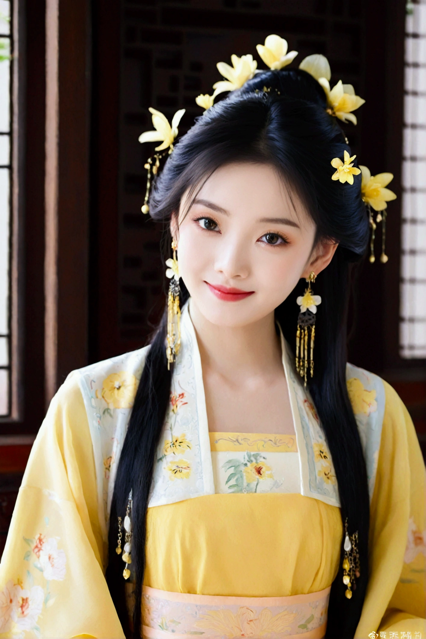 1girl, solo, looking at viewer, smile, black hair, hair ornament, dress, jewelry, upper body, flower, earrings, indoors, hair flower, black eyes, chinese clothes, realistic, yellow dress, hanfu