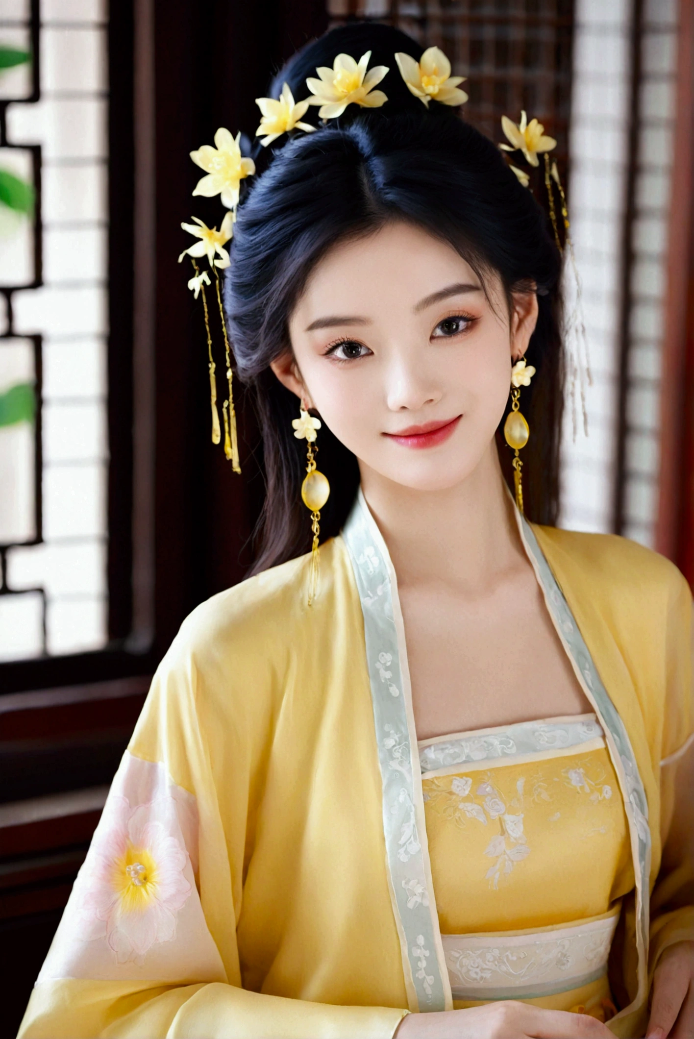 1girl, solo, looking at viewer, smile, black hair, hair ornament, dress, jewelry, upper body, flower, earrings, indoors, hair flower, black eyes, chinese clothes, realistic, yellow dress, hanfu