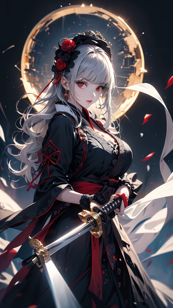 masterpiece, high quality, 4K, Beautiful design, silhouette,Gray Hair, 非常に詳細な夜のStarry Sky,Flower Field, wonderful, Finer details, Very knowledgeable woman, Highly detailed solo, 1 female,Red eyes,Big Breasts,Gothic Lolita Fashion,Twin Swords,Night view,Starry Sky,full moon,