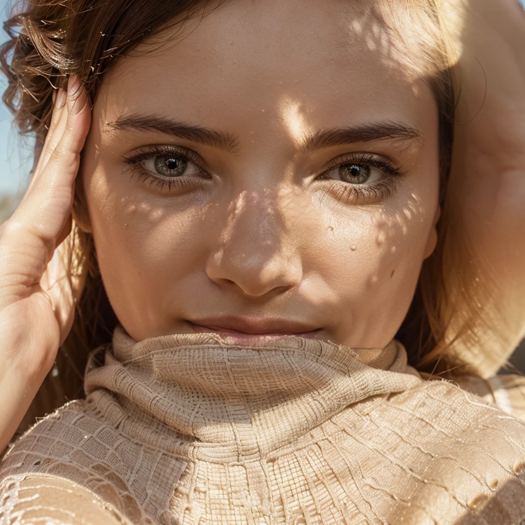 (front facing camera),(Texture de la peau, pores, naturel,iPhone,brut)), bright and sunny lighting, Full body photo'a woman with her hair styled to the side and wearing a ((tight)) , nikon z9, Realistic matte skin,blurred landscape with green trees and grassy hills in the background,