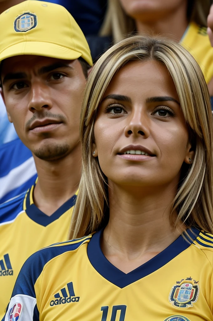 Please, creates an image of a woman watching a soccer match between Colombia and Argentina. The woman has her back to the camera.Women:Hair with blonde highlights He is wearing the Colombian national team shirt On his shirt you can see the number 10 with the name &#39;Ximena&#39; written above it.The woman is excited while watching the game."