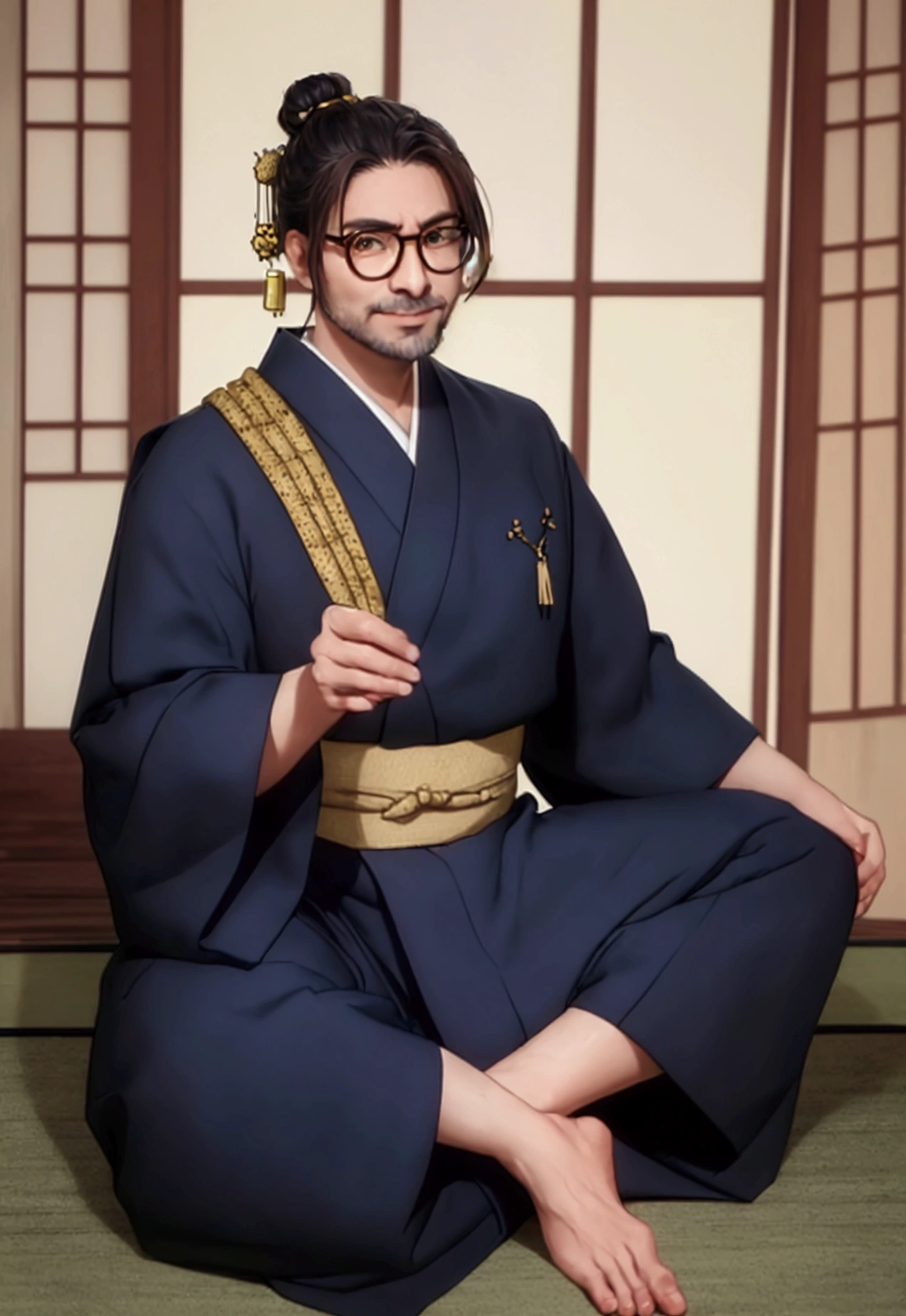 ((best qualityer)), ((work of art)), (detailded) kor: 38 years old Appearance: man hair: gris, long and tied into a traditional bun, with some loose threads. muka: slightly wrinkled, with an arrogant expression. eyeballs: brown, with an obvious scar on the right eye. tenue: Japanese traditional kimono, dark blue with gold details. Accessories: Wear a pair of round glasses. stance: sitting down, haughty, smiling in greed