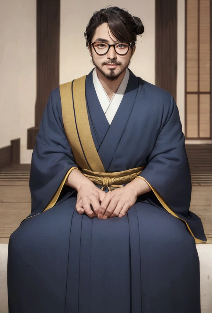 ((best qualityer)), ((work of art)), (detailded) kor: 38 years old Appearance: man hair: gris, long and tied into a traditional bun, with some loose threads. muka: slightly wrinkled, with an arrogant expression. eyeballs: brown, with an obvious scar on the right eye. tenue: Japanese traditional kimono, dark blue with gold details. Accessories: Wear a pair of round glasses. stance: sitting down, haughty, smiling in greed