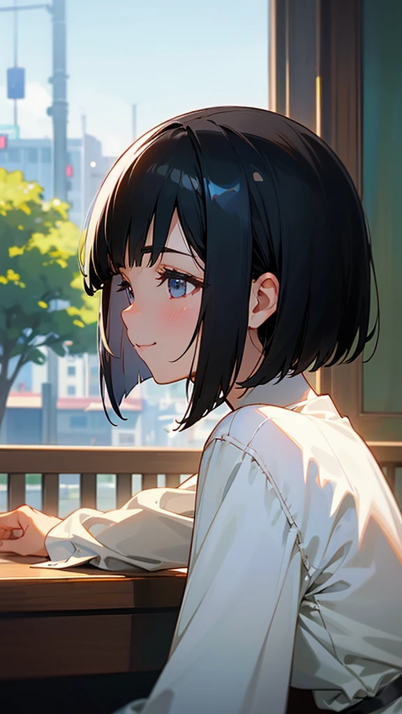 １girl、Shiny black hair、Short Bob Cut、calm and calm look、smile、profile、Face close-up、Morning Cafe Terrace、Background blur, Written boundary depth
