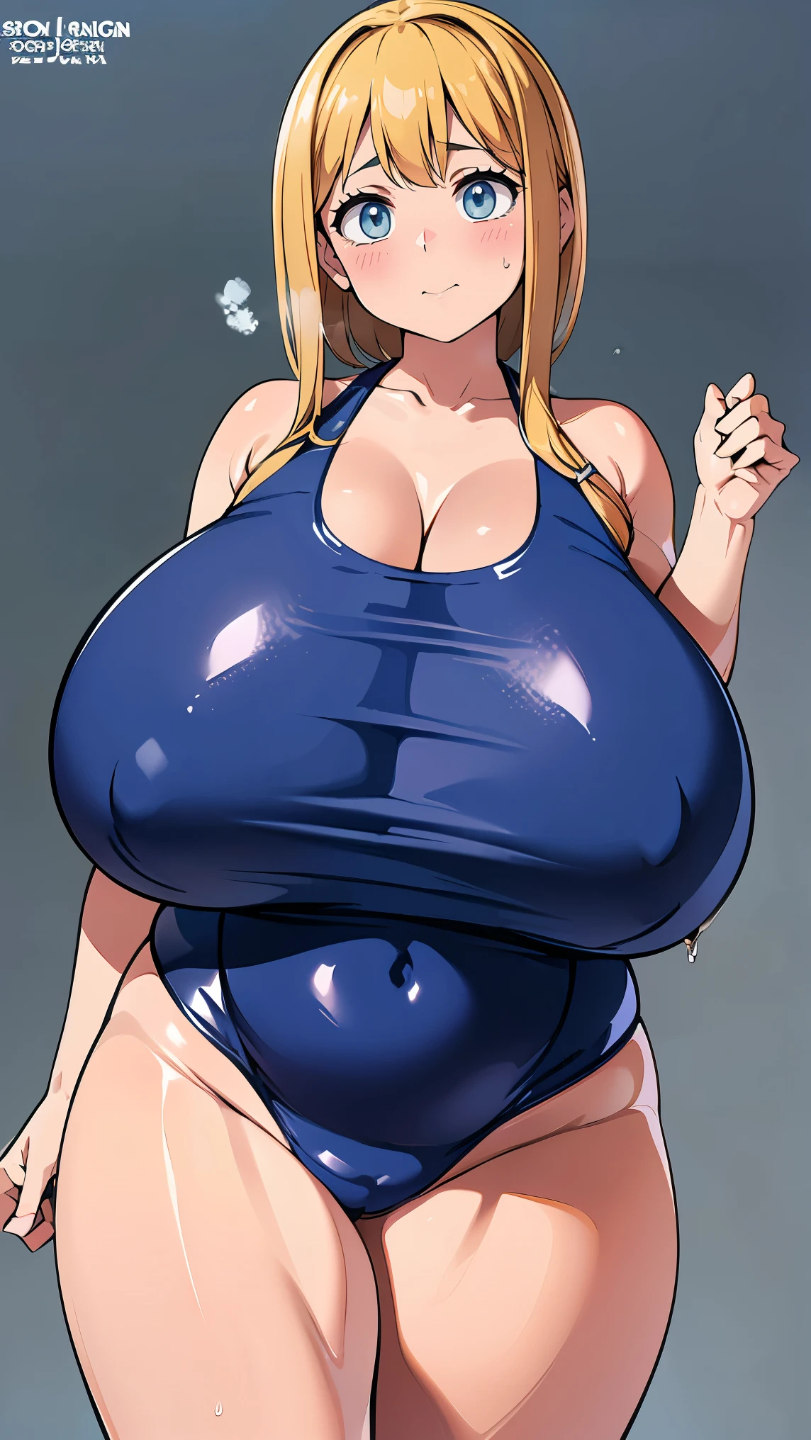 Anime Girls, (masterpiece, highest quality, 8K ultra-high resolution:1.4), gleaming skin, beautiful detailed eyes, ultra-detailed, cowboy shot 1girl. solo, mature, adult, milf, facing viewer, looking at viewer, smile, horny, sweat, nervous, ((school swimsuit)), Highly detailed glossy skin, Dark blue one-piece swimsuit, (Swimsuit with wet and shiny details: 1.2), big butts, thick thighs, Gigantic Sagging Breasts grey background, simple background,