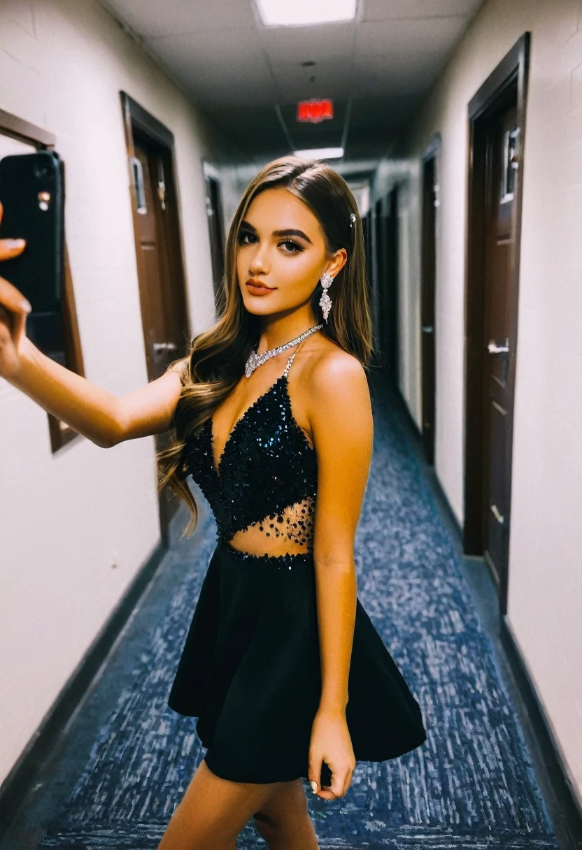 prom night party girl, selfie, school corridor, 2020, instagram, photo, dressed, photo, dark