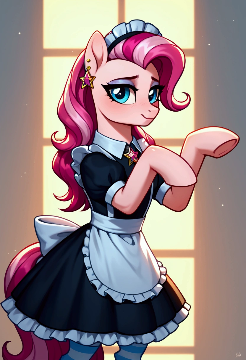 score_9,score_8_up,score_7_up,score_6_up, ((my little pony)), radiant lighting, vibrant colors, whimsical atmosphere, 8K, high resolution, highly detailed, masterpiece, (shy look), ((pony body)), white body, blue eyes, (maid costume), striped stockings, star pendant, earrings, eyeshadow, (very rich pink hair colour), ((long hair)), ((play pose))