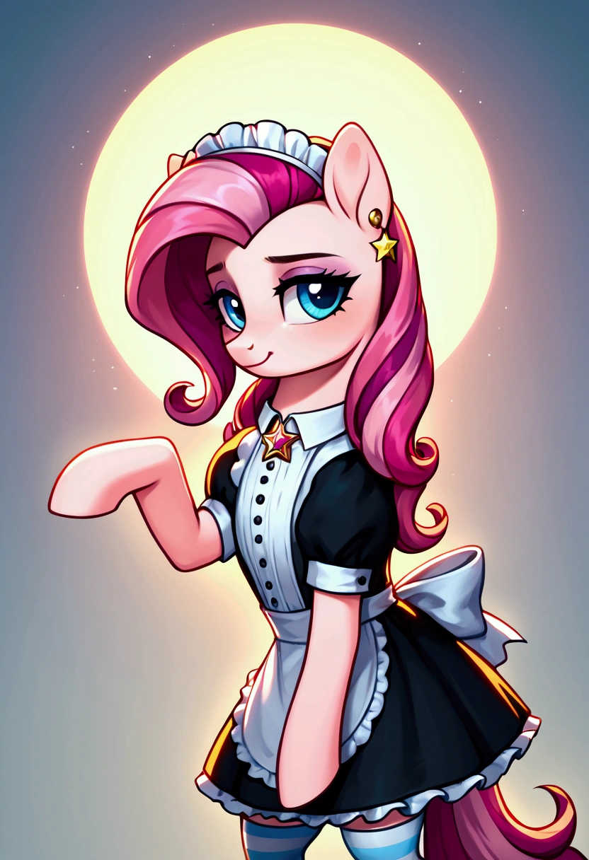 score_9,score_8_up,score_7_up,score_6_up, ((my little pony)), radiant lighting, vibrant colors, whimsical atmosphere, 8K, high resolution, highly detailed, masterpiece, (shy look), ((pony body)), white body, blue eyes, (maid costume), striped stockings, star pendant, earrings, eyeshadow, (very rich pink hair colour), ((long hair)), ((play pose))