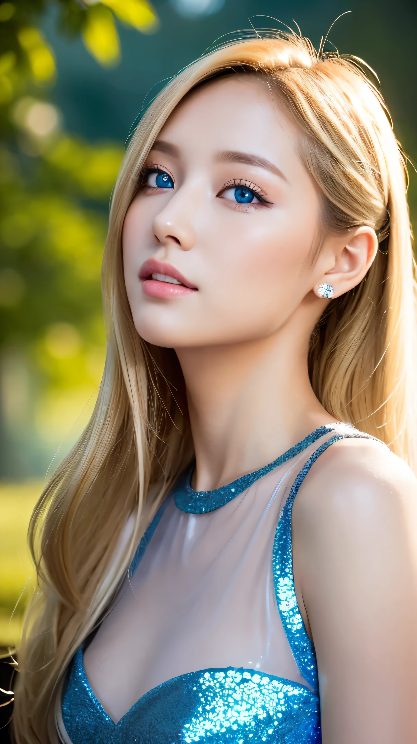 shy smile、nighttime、Live shooting、(((The ultimate beauty portrait)))、((Glowing skin))、1 woman、Beautiful 14 year old girl in Prague、Looks brilliant、((Bright, shiny blonde hair))、(rift)、(See-through  open front.:1.5)、(Underwear set top and bottom)、((Big blue eyes that sparkled like gems.))、The eyes are very big.、Shiny skin、(My hair is really long and straight.)、(Soft and smooth ponytail)、eyeliner、Smooth and beautiful、blonde between eyeasterpiece、最High quality、Awesome details、film light、complicated details、high resolution、very detailed))、Detailed background、8 Kush、Digital single-lens reflection、soft light、High quality、Film texture、Fujifilm XT3 、Shallow depth of field、natural light、look up、rich chest、Cheek highlighter、high contrast, (Fuji colors: 1.5), film grain, Ultra high res.photorealistic:1.4,UHD