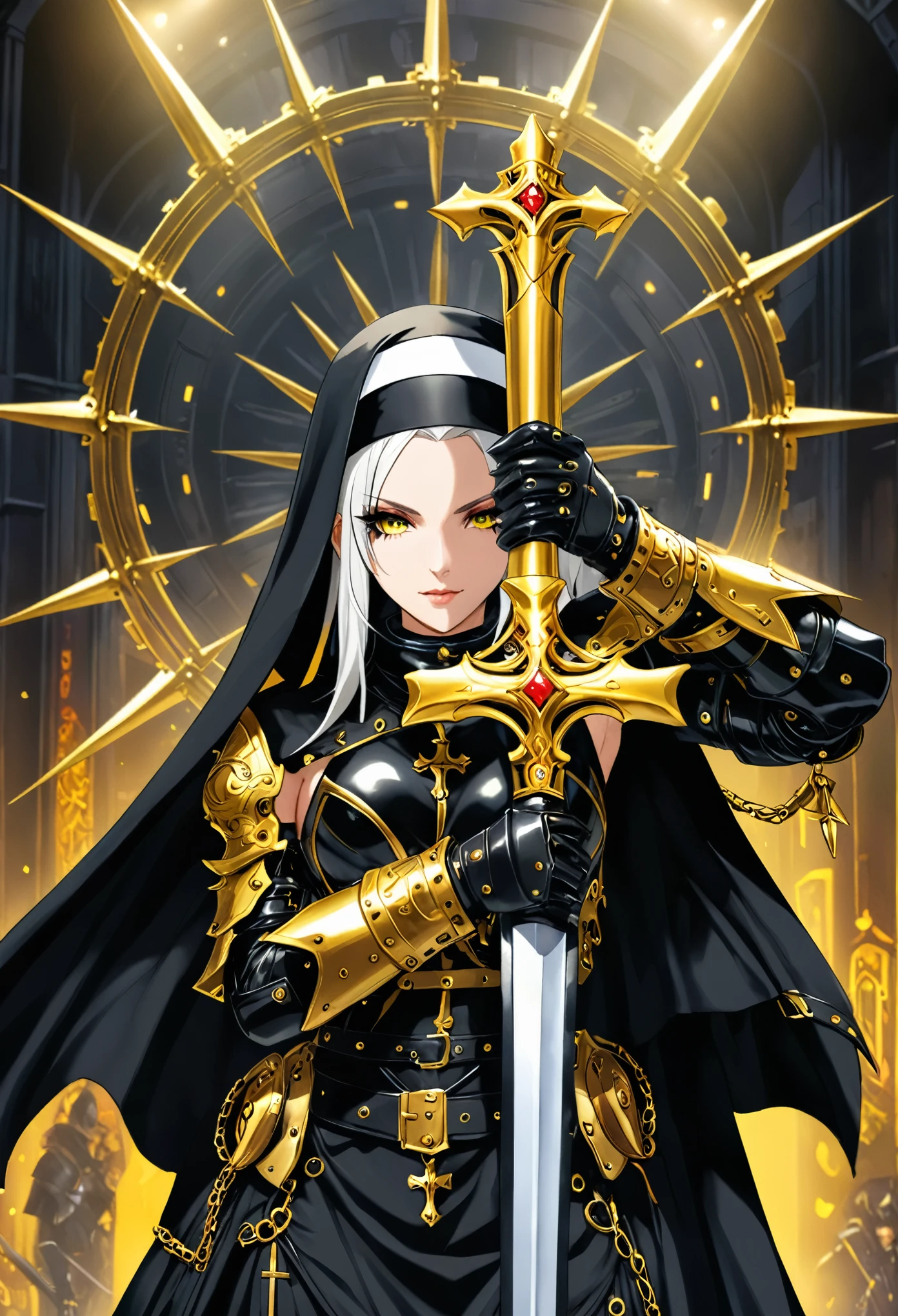 Arav woman dressed in black and gold holding a sword, ornate role play, role play, anime role play, Albedo from Overlord, role player, role play photo, hot topic anime convention, Cyberpunk Warrior Nun, anime girl role play, professional role play, Divine armor, Cybergoth, A fusion of anime style with Fujifilm, Inspired by《Saint Lucy Legendary Master》, holy crusader
