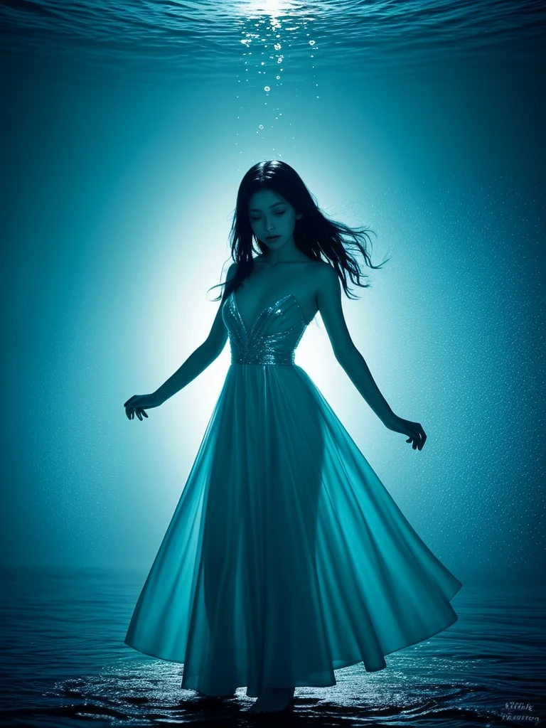 Young woman wearing a dress entirely made of transparent flowing water. Fluid, cascading gown with dynamic water movement. creating a mesmerizing blend of flowing liquid and delicate bubble structures. Dynamic poses, dancing, Shimmering, iridescent water surface with rainbow reflections on bubble areas. Water drops of various sizes forming the dress's texture. High-detail photography, fantasy concept art style. Simple plain light blue background.