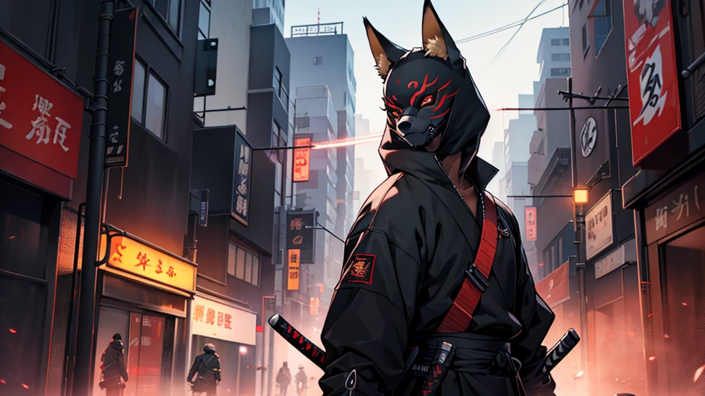 create black cyber samurai with red eye, fox mask and katana in the middle of city
