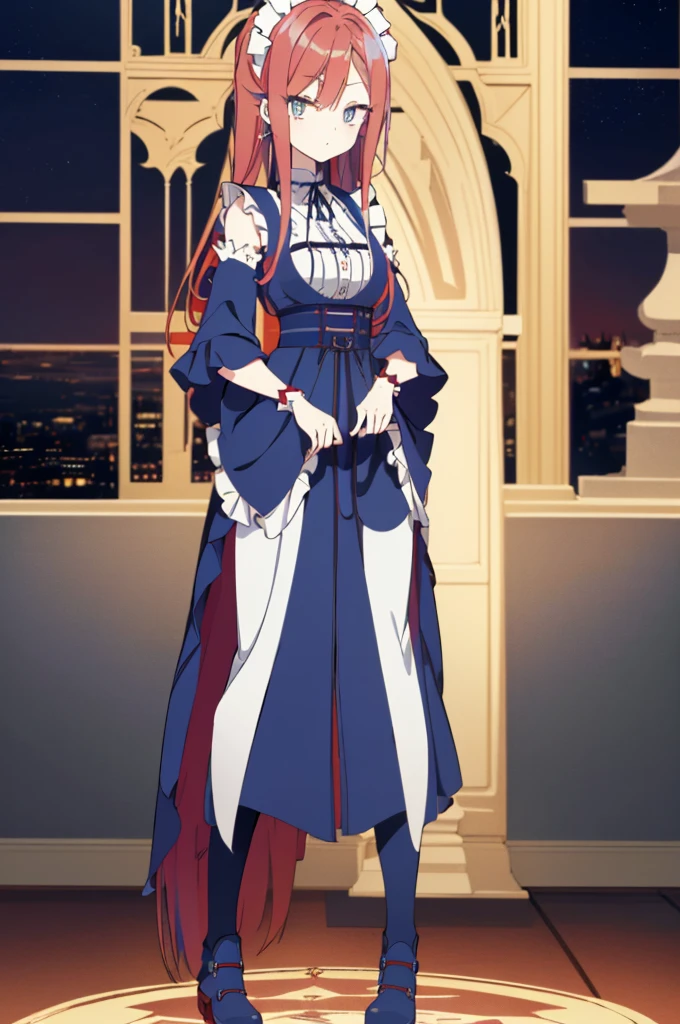[(cathedral background:1.4)::5],original,(illustration:1.1),(best quality),(masterpiece:1.1),(extremely detailed CG unity 8k wallpaper:1.1), (colorful:0.9),(mid shot:0.95),(full body:1.5),Dynamic angle,(solo:1.2), (girl),((adult)), (detailed beautiful eyes:1.15), (beautiful face:1.15), (glowing red eyes:1.25////),((medium hair)),((split-color hair,red hair,blue hair)),(high twintails),(chignon),(+perfect hand+:1.21),(Draw an illustration of a gothic girl),(Religious),(slender),(is wearing boots on her feet),((is wearing white maid clothes)),(furious), Lace Off-shoulder lolita fashion,beautiful slender woman,high twintails,((split-color hair,red hair,blue hair)),((split-color hair,red hair,blue hair)),from side,((split-color hair,red hair,blue hair)),