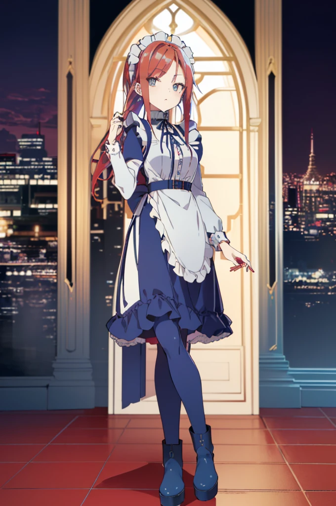 [(cathedral background:1.4)::5],original,(illustration:1.1),(best quality),(masterpiece:1.1),(extremely detailed CG unity 8k wallpaper:1.1), (colorful:0.9),(mid shot:0.95),(full body:1.5),Dynamic angle,(solo:1.2), (girl),((adult)), (detailed beautiful eyes:1.15), (beautiful face:1.15), (glowing red eyes:1.25////),((medium hair)),((split-color hair,red hair,blue hair)),(high twintails),(chignon),(+perfect hand+:1.21),(Draw an illustration of a gothic girl),(Religious),(slender),(is wearing boots on her feet),((is wearing white maid clothes)),(furious), Lace Off-shoulder lolita fashion,beautiful slender woman,high twintails,((split-color hair,red hair,blue hair)),((split-color hair,red hair,blue hair)),from side,((split-color hair,red hair,blue hair)),