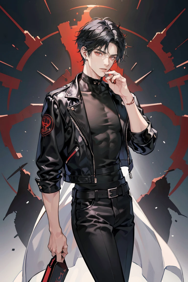 (masterpiece), best quality, seductive eyes, perfect face, handsome man, red eyes, short messy black hair, long nose, plain black t-shirt, black fitted pants, black leather jacket, full body, extremely tall man, long legs, long calves, anime cover, 1boy, ear piercings, hands in pockets, adult-like look, bad boy, motorcycle
