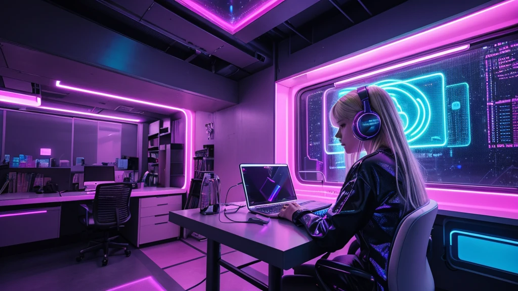 "A blonde cyberpunk woman is sitting at a study table in a futuristic room with neon pink lights. She wears technological clothes with neon details and has large, modern headphones. Around her are holograms and advanced electronic devices. The environment It is lit by soft, colorful lights, creating a cozy, lofi atmosphere. The young woman is focused on her studies, with books, notebooks and a holographic screen in front of her, while lofi music plays in the background, completing the scene with a touch of tranquility. and futurism.