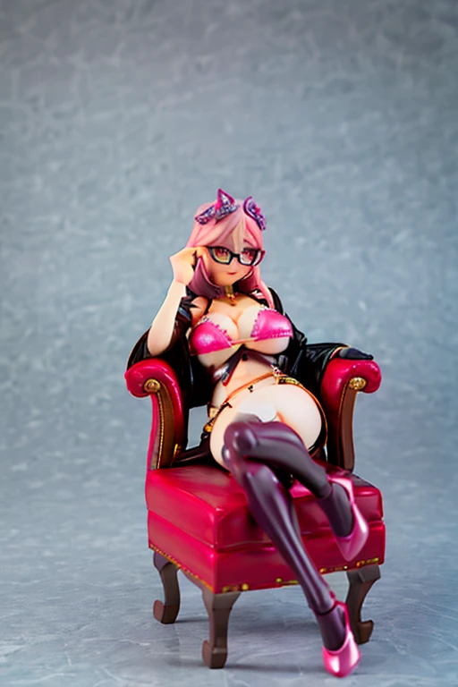 Figure of a beautiful witch with glasses,big breasts,sweaty cleavage,wearing a pink and white striped mini bikini,sitting on a couch,wearing pink and white striped thigh high socks and a thong,(best quality,4k,8k,highres,masterpiece:1.2),ultra-detailed,(realistic,photorealistic,photo-realistic:1.37),detailed eyes,detailed lips,extremely detailed face,long eyelashes,hyper realistic,intricate details,vibrant colors, warm lighting