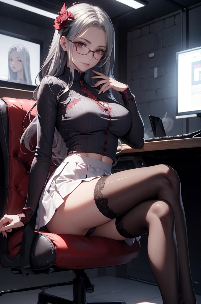 ((1girl, solo)), Irisviel von Einzbern, beautiful body, (perfect anatomy, perfect body, perfect hands, perfect legs), natural proportions, sexy body, large breasts, sitting, crossed legs BREAK 

((extremely detailed face)), (red eyes:1.5), glasses, (beautiful detailed eyes:1.6), (realistic pupils, realistic iris:1), expressive eyes, looking at viewer, (clear eyes:1.3), (hyperrealistic:1.2), (detailed skin texture:1.2), smooth skin, (silver hair:1.5), long hair, (detailed lips:1.2), (attractive lips:1.1), (glossy lips:1.1), (smile), perfect face, perfect eyes BREAK

((red shirt)), dress shirt, ((white skirt)), miniskirt, black thighhighs BREAK

(masterpiece:1.5), anime-style, top quality, best quality, (beautiful and aesthetic:1.2), (ultra detail:1.5), Ultra-detailed depiction, Ultra-precise depiction, extremely detailed 8k illustration, high resolution, (highly detailed shading:1.2), (realistic lighting:1.4), perfect lighting, vibrant colors, dynamic tones, striking hues, 8k, absurd resolution, perfect shadows, hdr, UHD, ambient lighting, realistic, ultra-realistic, photo realistic, highly detailed, rich detail, luminous colors, fine texture, intricate design, professional illustration, (soft light:1.2), (illustration:0.7)