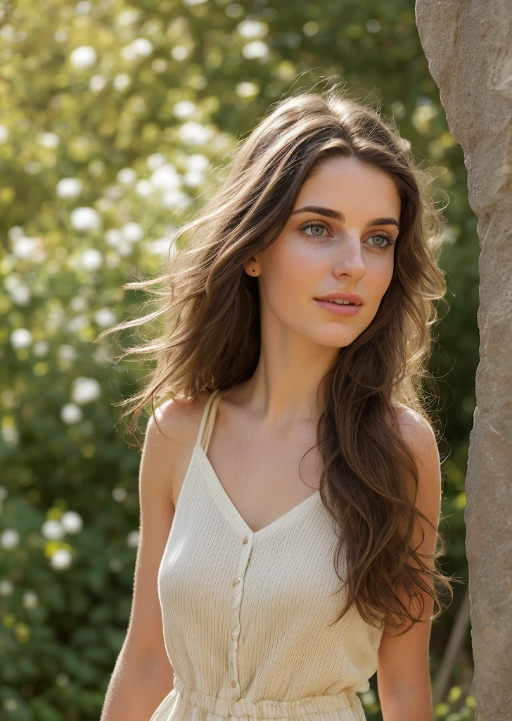 A photorealistic portrait of a 23-year-old Italian woman with brown hair and captivating black eyes, wearing a casual summer dress. The image should feature her long, flowing hair, average body, and a natural, approachable expression. The setting should be outdoors with soft, warm sunlight illuminating her face, showcasing high detail and quality. Full body shot, 8k HDR, lot of details.