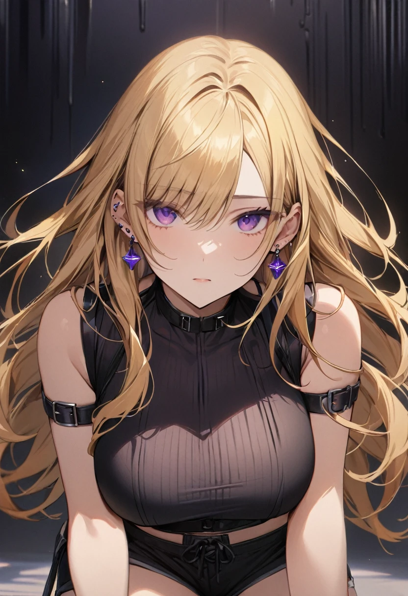 masterpiece, best quality, 1girl, solo, adult, blonde hair, long hair, earrings, purple eyes, detailed face, black crop top, large breasts, shorts, arm belt, infront of viewer, empty look,