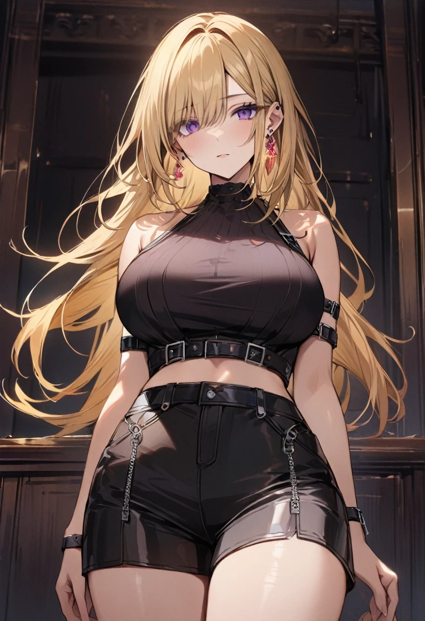 masterpiece, best quality, 1girl, solo, adult, blonde hair, long hair, earrings, purple eyes, detailed face, black crop top, large breasts, shorts, arm belt, infront of viewer, empty look, 