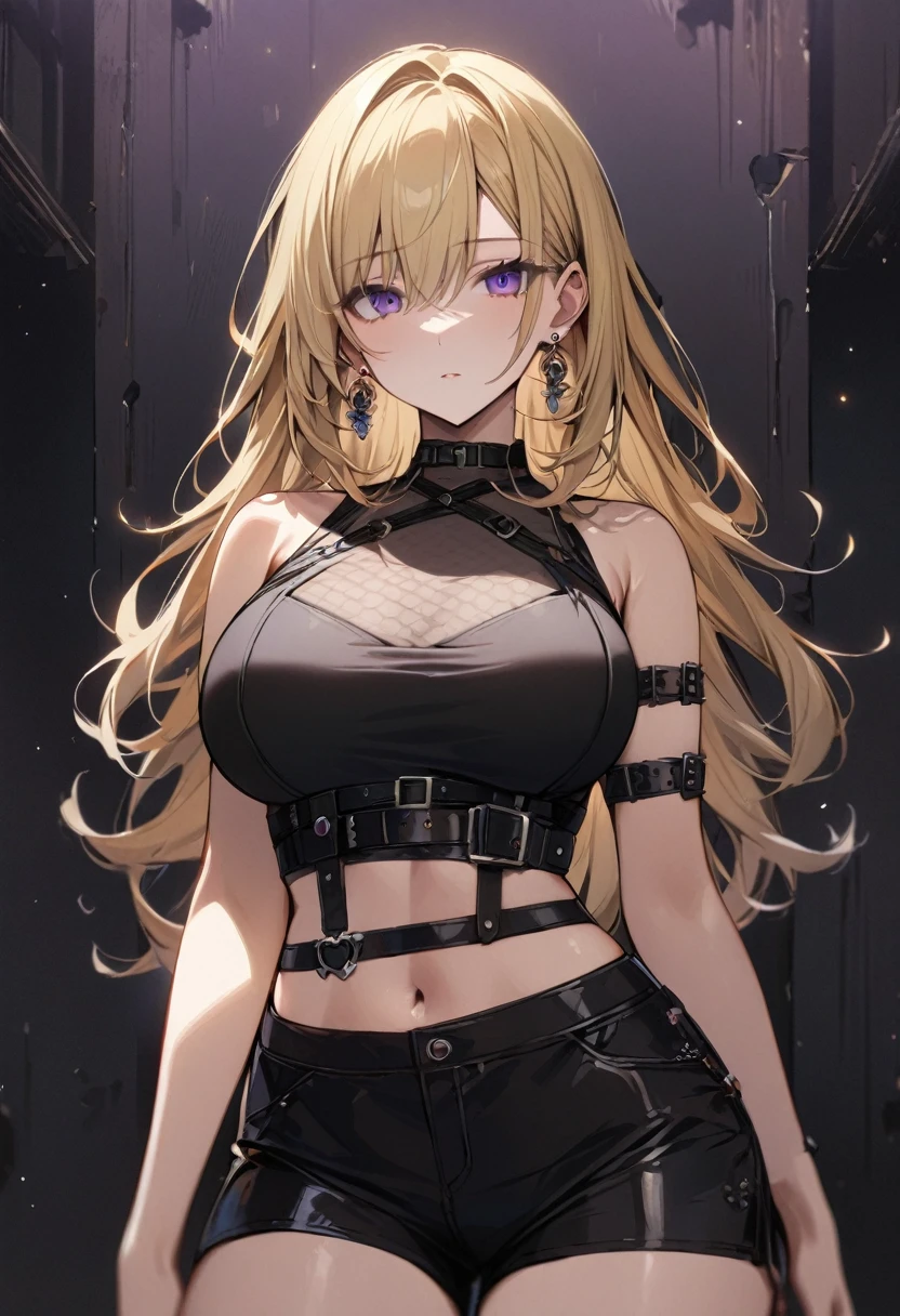 masterpiece, best quality, 1girl, solo, adult, blonde hair, long hair, earrings, purple eyes, detailed face, black crop top, large breasts, shorts, arm belt, infront of viewer, empty look,